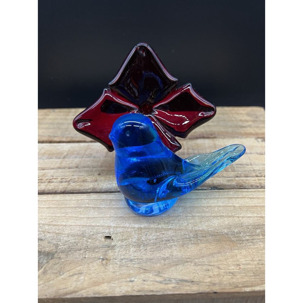 Leo Ward Blue Bird Of Happiness 1999 Blown Glass With Red Flower, Signed